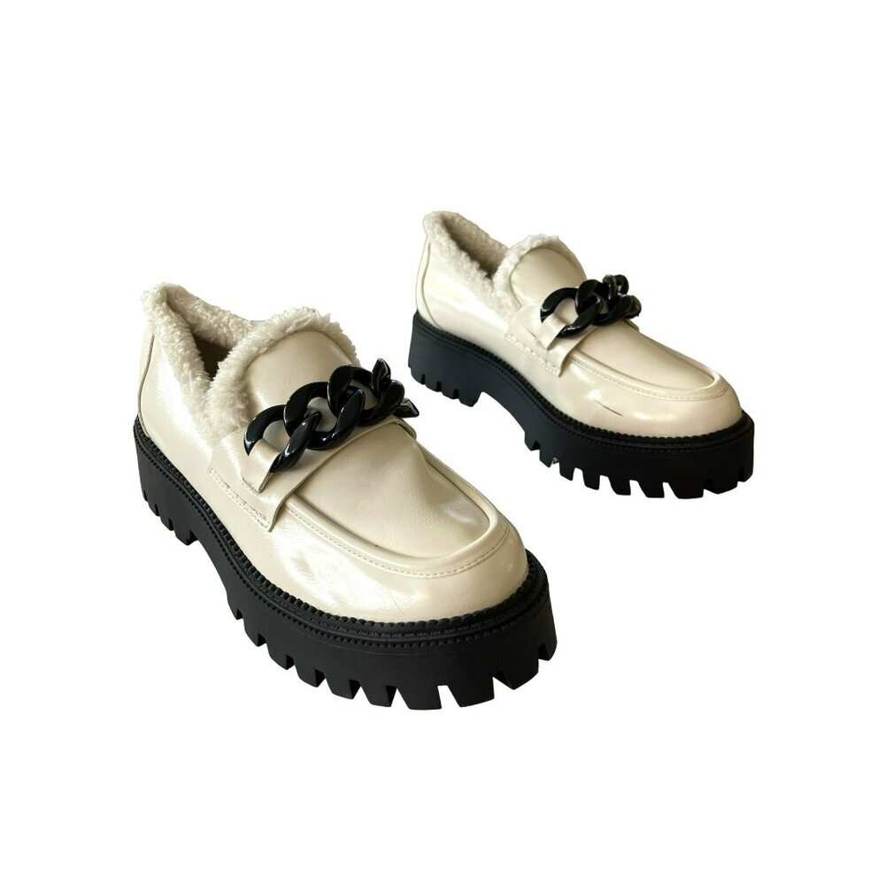 Dolce Vita Chunky Cream Loafers Faux Fur Black Chain Detail Sz 9.5